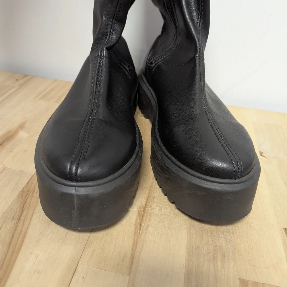 ASOS Stradivarius Black Over-the-Knee Stretch Boots Vegan Lug Goth 38 7.5/8